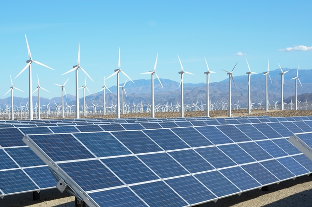 Photovoltaic solar panels and wind turbines in Palm Springs, California. ©GI Photo Stock